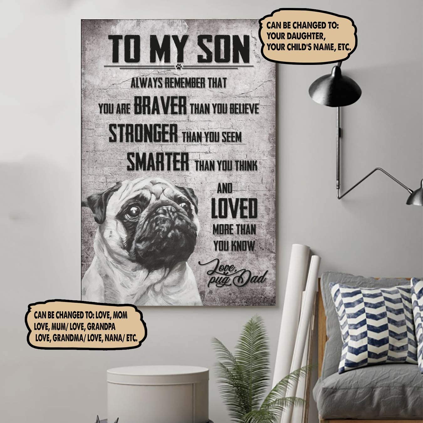 Poster for Room Aesthetic -Command Strips Wall Decor – Dn47 Customizable Pug Poster – Dad to Son – You are Braver