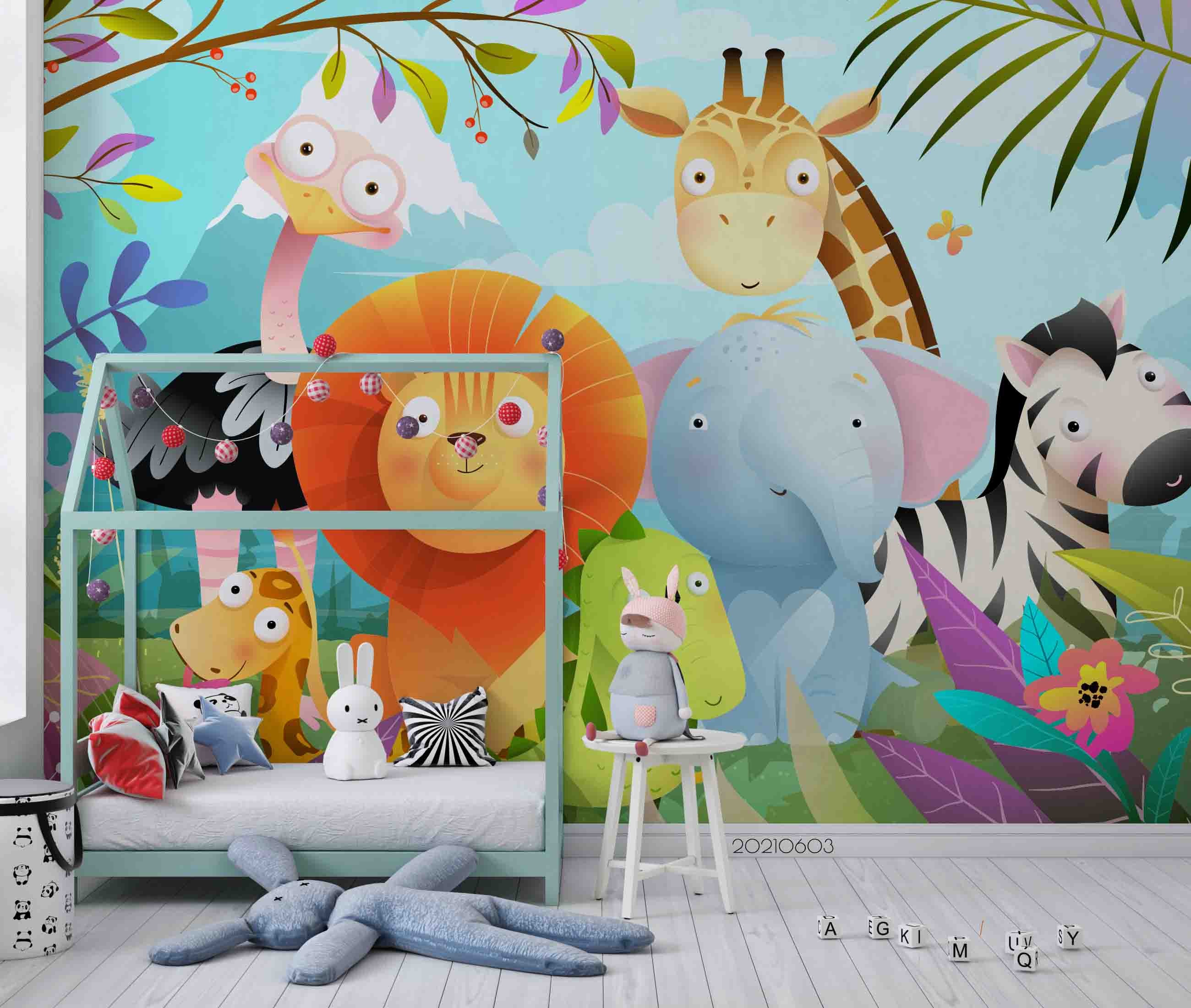 3D Africa Jungle  Animal Cartoon Cute Wall Mural Wallpaper Sww556