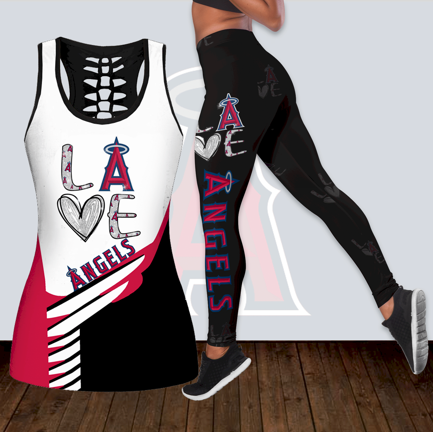 Combo Los Angeles Angels Love Hollow Tanktop Leggings Set OUTFIT K1834