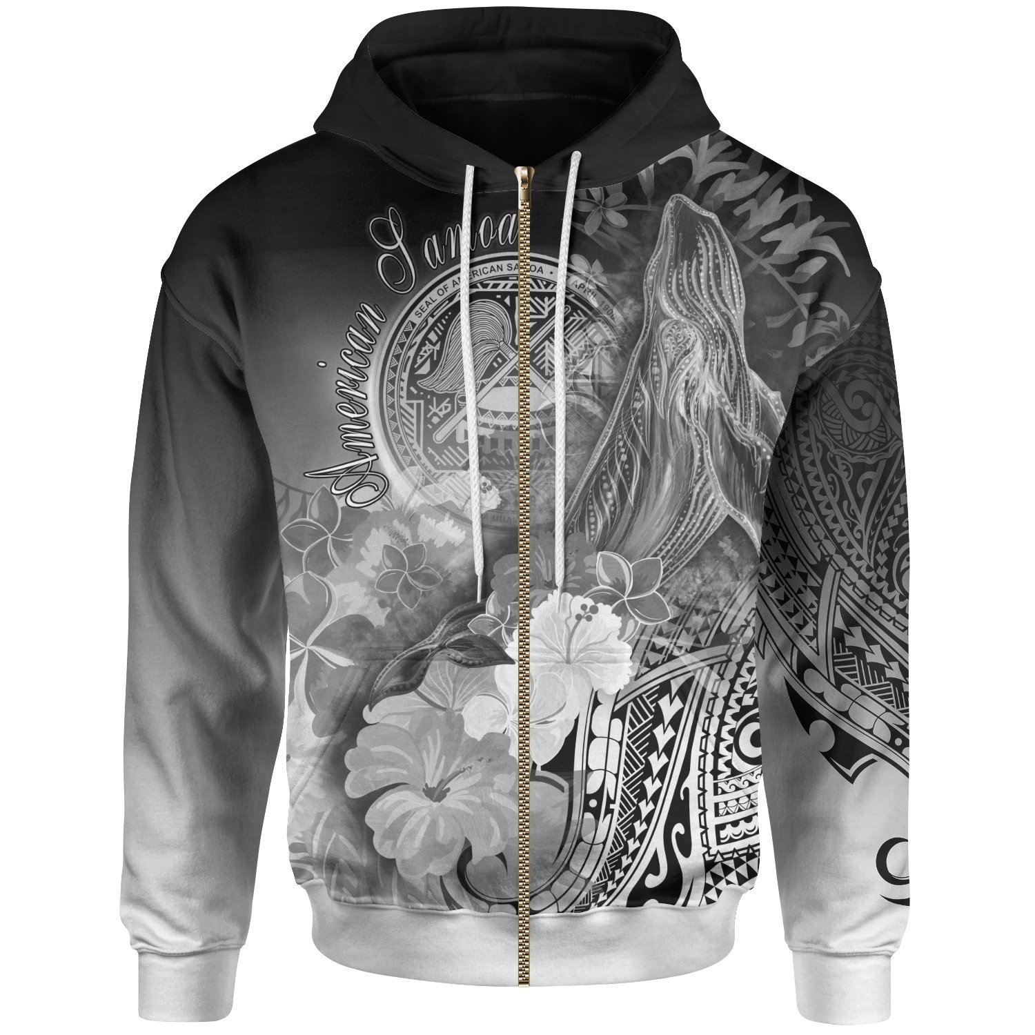 American Samoa Polynesian Zip-Up Hoodie – Humpback Whale with Tropical Flowers (White)- Pacific Print Hoodie