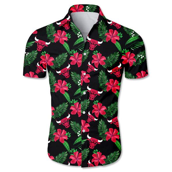 NBA Chicago Bulls Red Hibiscus Flower Green Leaves Hawaiian Shirt