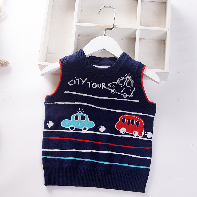 2022 Autumn Baby Boys Knit Vest Spring Kids Jumper Sweaters Vest Children O-Neck Toddler Cartoon Car Stripes Sleeveless Pullover alx