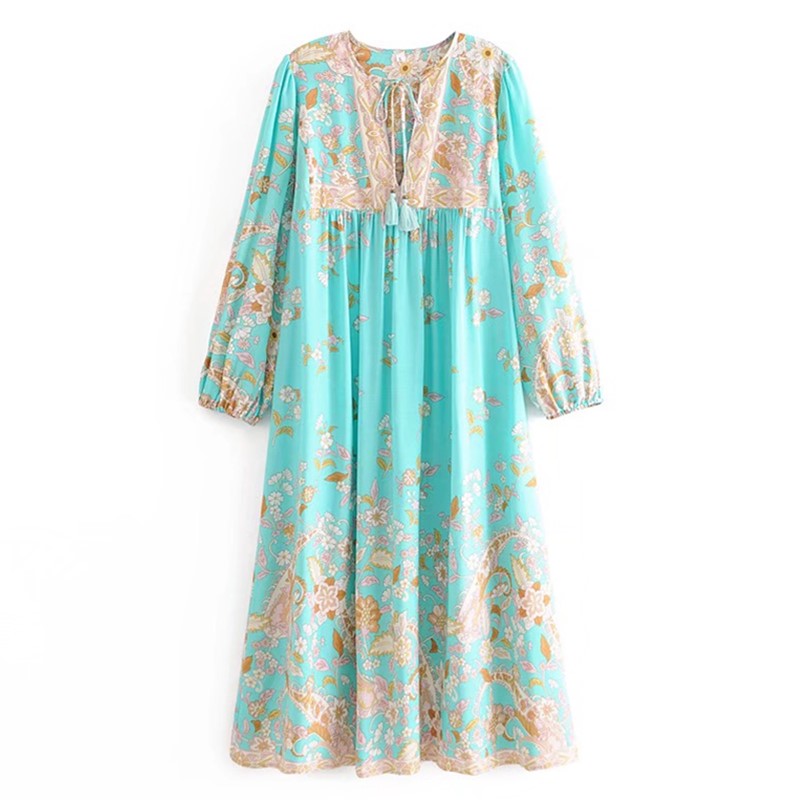 BOHO Mint Green Tassel Lacing up V neck Location Flower Print Long Dress Hippie Woman Strappy Long Sleeve Holiday Dresses Beach alx