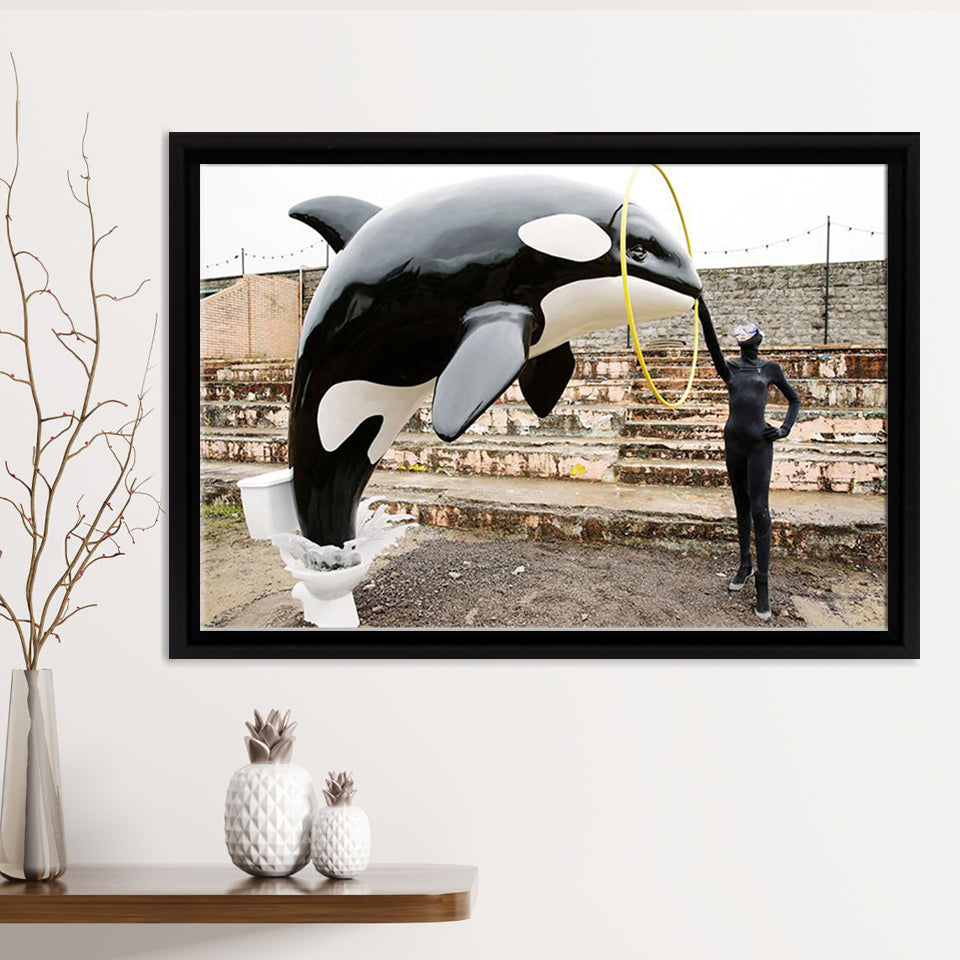 Killer Whale Out Of Toilet Framed Canvas Print – Canvas Painting, Canvas Art, Wall Art, Wall Decor