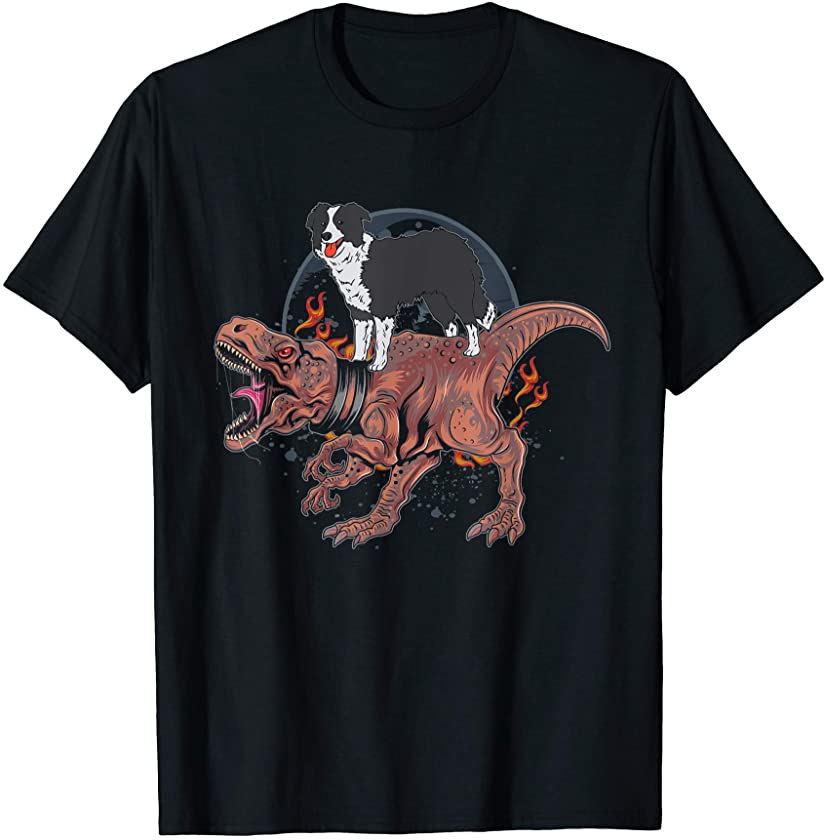 Border Collie Dog Riding Dinosaur T rex Puppy Lovers T-Shirt