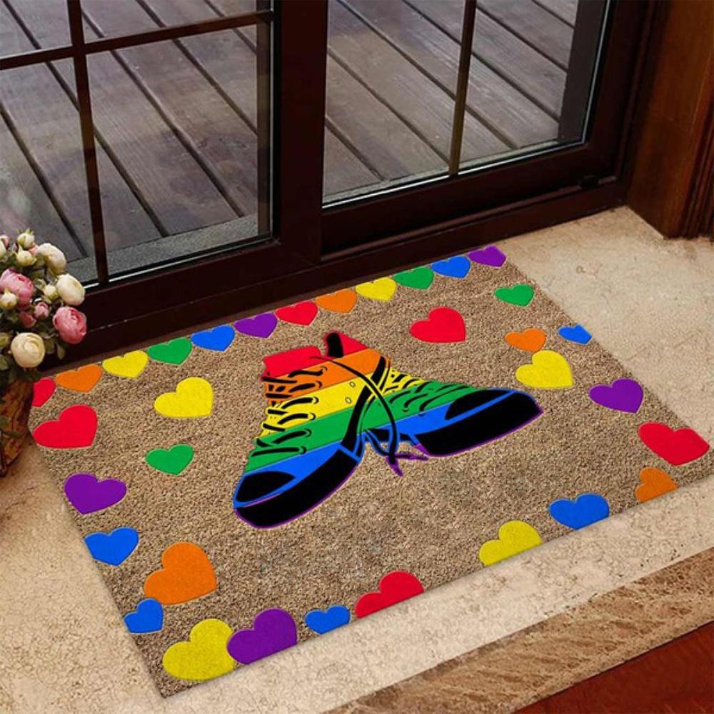 Lgbt Support Coir Pattern – Colorful Rainbow Shoes Heart Doormat Warm House Gift Welcome Mat Gift For Friend Family