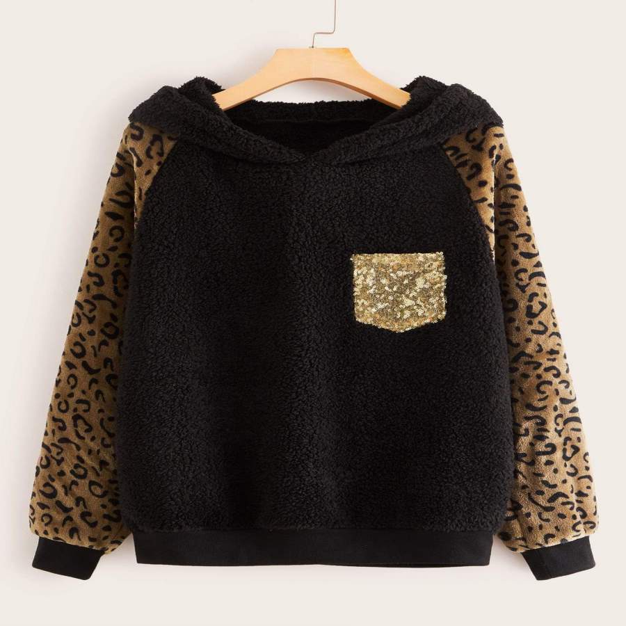 Contrast Sequin Leopard Print Sleeve Teddy Hoodie