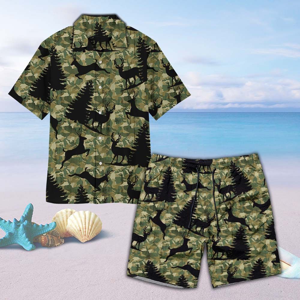 Silhouettes On Camo Unisex Hawaiian Shirt Beach Deer Hunting Hawaiian Ha8368