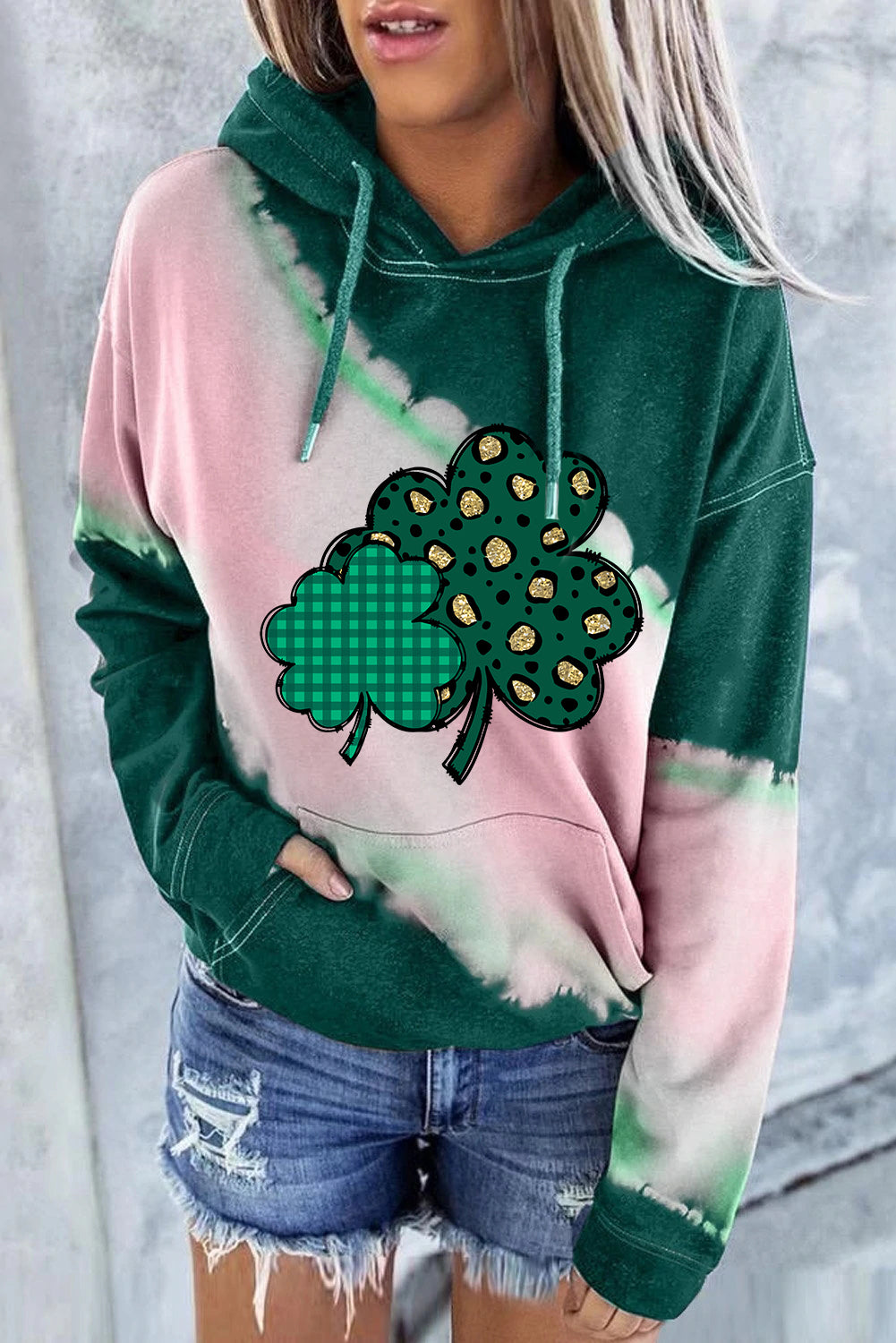 Saint Patrick’S Day Clover Leopard Tie Dye Hoodie Green Pink