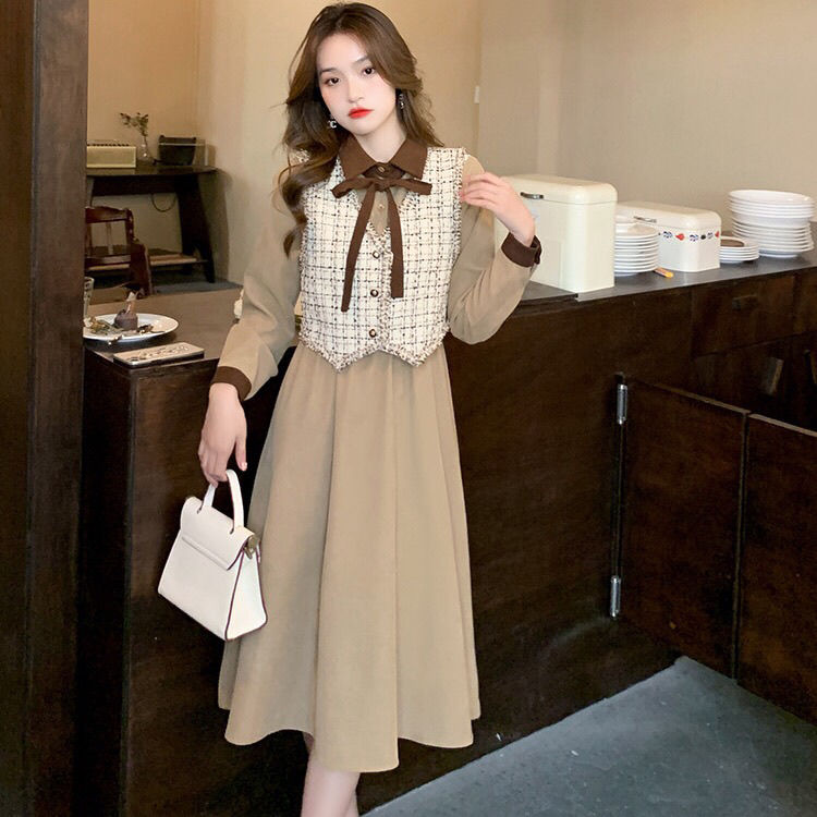 Autumn Dress Two Piece Set Women Casual Tweed Vest Top and Elegant Base Mid-Length Dresses Vintage Suits Womens Outfits E344 alx