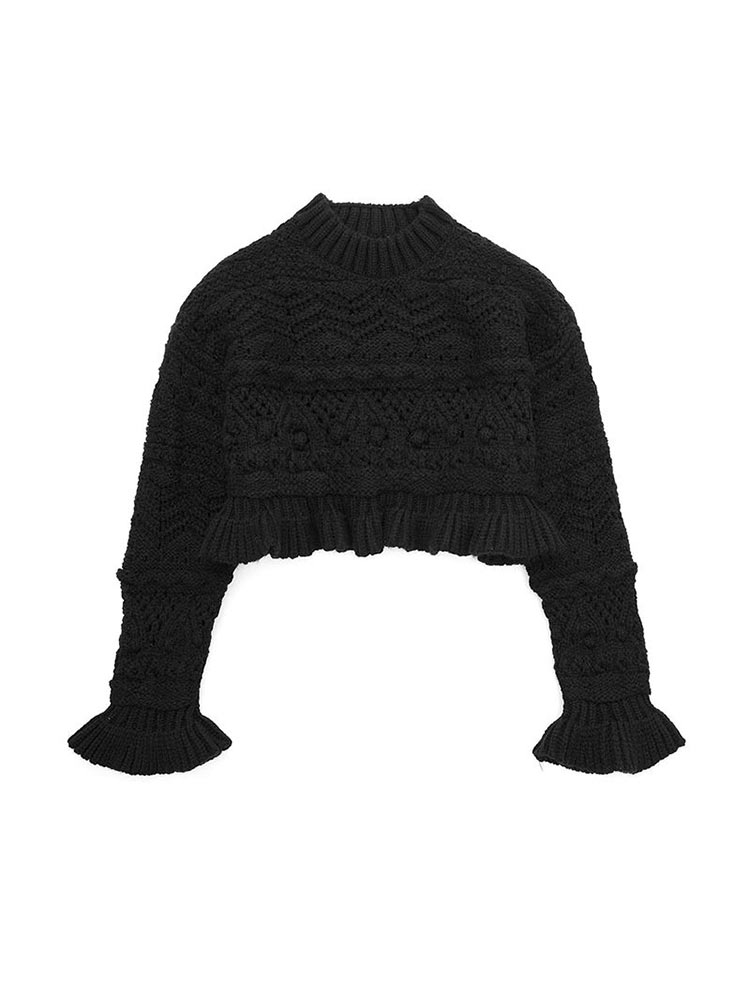 Women Black Ruffles Crop Knitted Sweater Pullovers Female Flared Sleeve Sweaters Jumpers 2022 Autumn Winter Office Lady Pullover alx