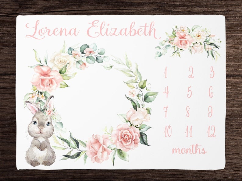 Bunny Milestone Blanket Girl, Floral Monthly Growth Blanket, Personalized Baby Girl Blanket With Rabbit, Baby Shower Gift