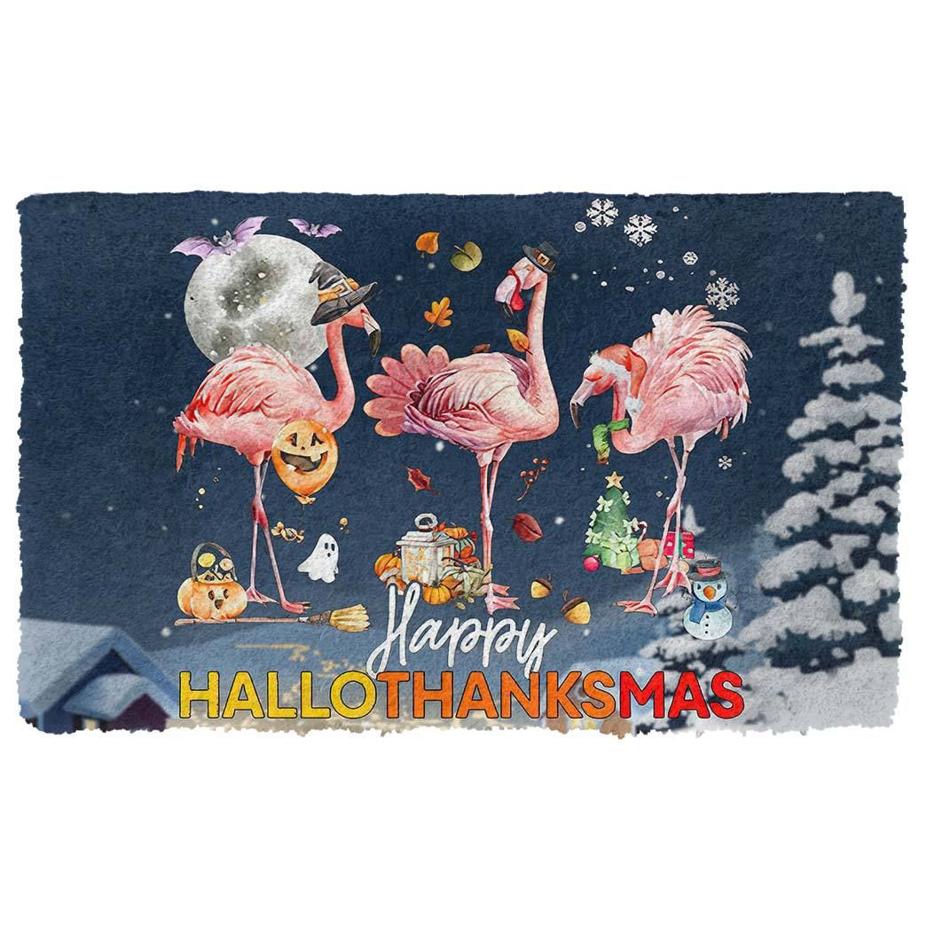 Gearhumans 3D Happy Hallothanksmas Flamingo Custom Doormat