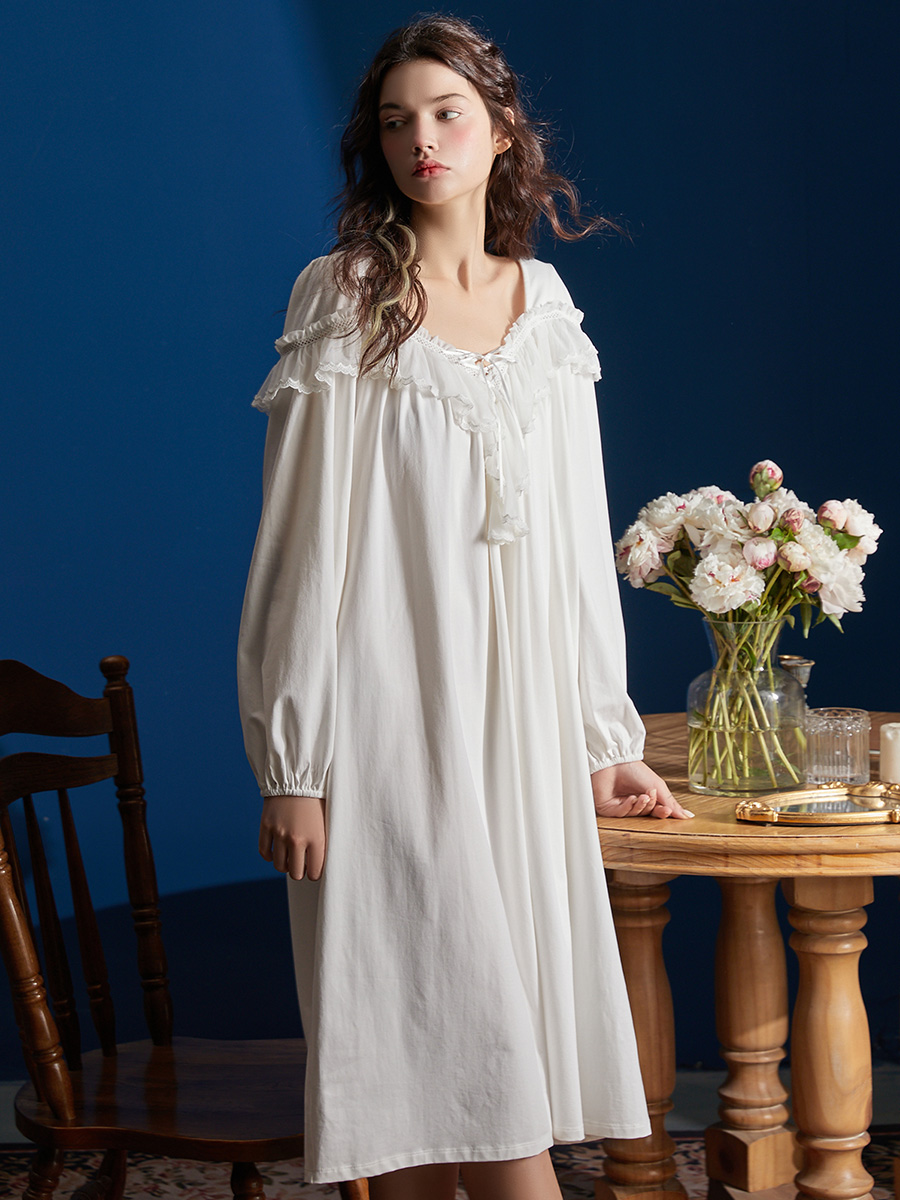 Spring Autumn Gorgeous Long Nightgowns For Women Delicate Solid Color Elegant Cotton Sleepwear Home Long Dress alx