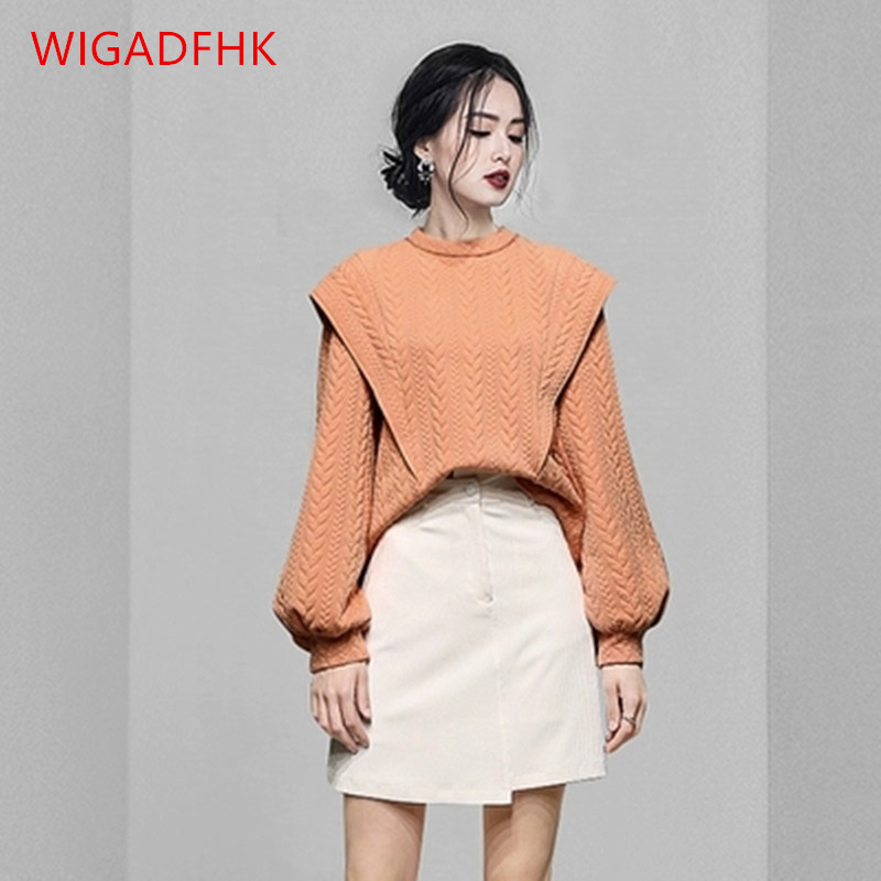 2021 Autumn / Winter Fashion Casual Suit Light Orange Loose Pullover Sweater Top Irregular Half Skirt Two-piece Women’s Clothing alx