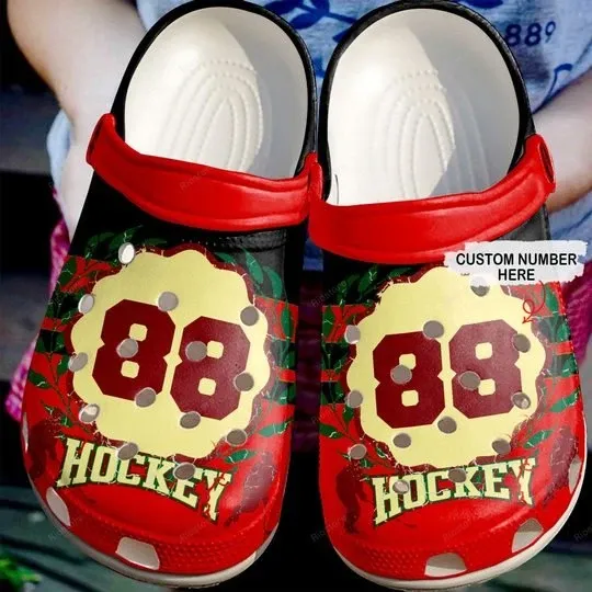 Just A Hockey Lover Red Personalize Clog Custom Crocss Clog Number On Sandal Fashion Style Comfortable For Women Men Kid