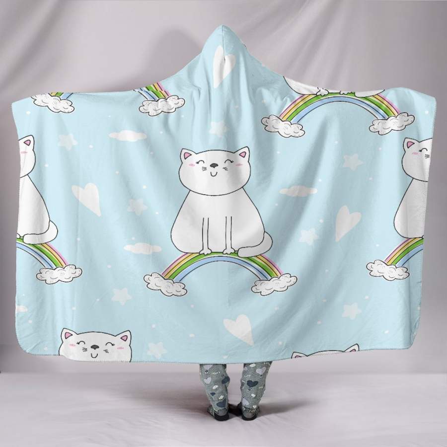 Customised Hoodie Blanket Blue Kitten on a Rainbow