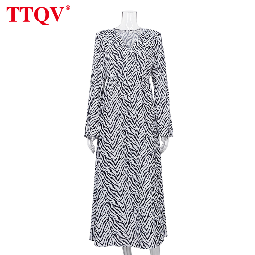 TTQV Sexy Zebra Print Women Dresses Bodycon Long Sleeve V-Neck Midi Dress Elegant Slim Slit Party Dress For New Year 2022 alx