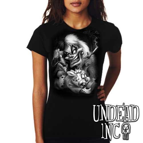 Villains Cruella De Vil Tattooing White Rabbit – Ladies T Shirt Black Grey