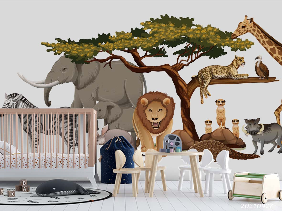 3D Cartoon Forest Animal Lion Elephant Wall Mural Wallpaper Lqh 187