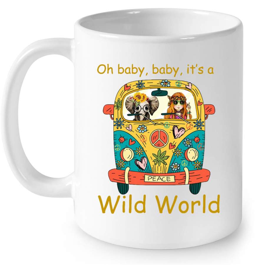 Oh Baby Baby It’s A Wild World, Hippie Car Girl, Peace Sign, Elephant Design – Full-Wrap Coffee White Mug