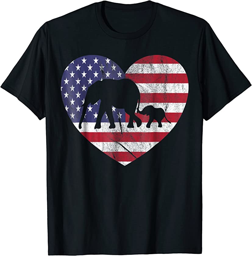 Patriotic Elephant Heart T-Shirt America Flag 4th July Gift