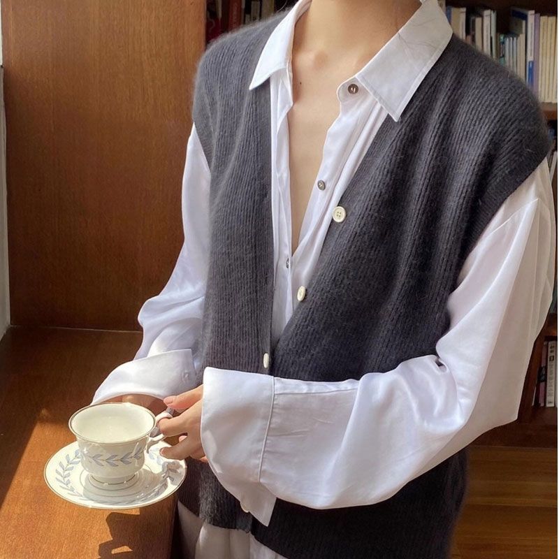 4 Colors Sweater Vest Women Fall Spring Chic V-neck Elegant Pure Teen Sleeveless Knitwear Retro Loose Female Clothes Office Lady alx