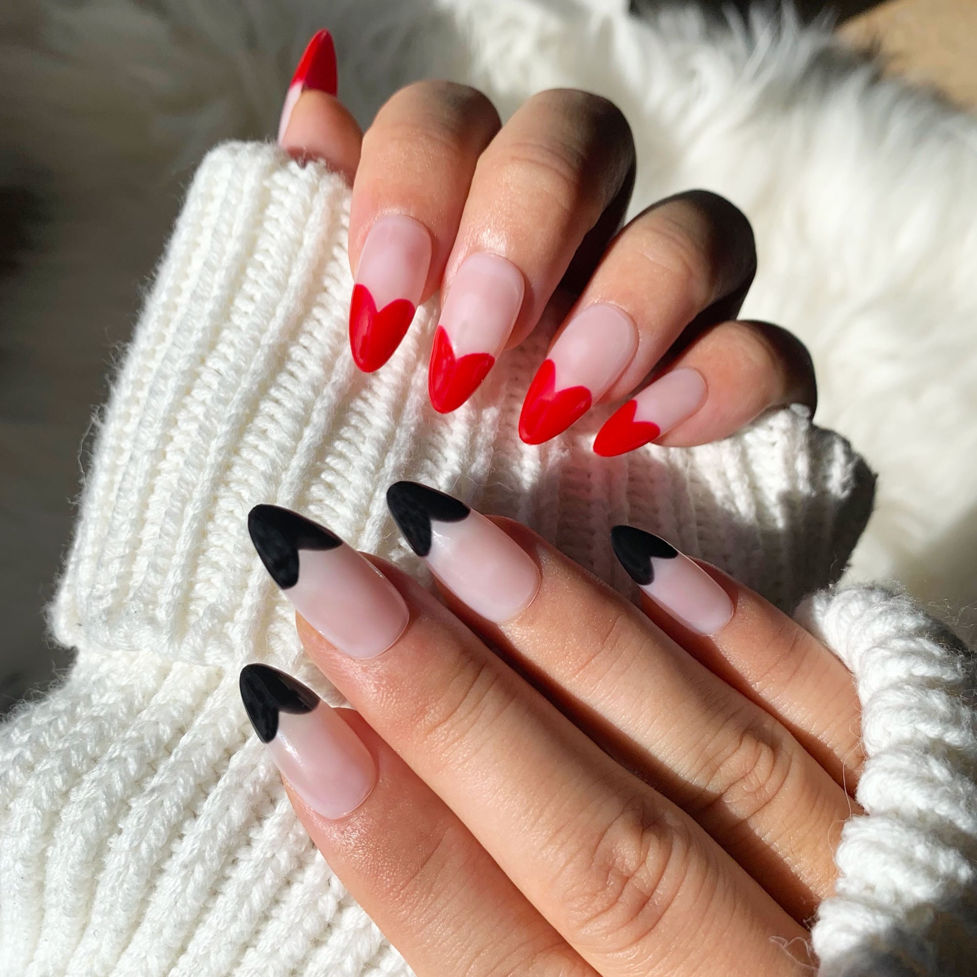 Mix Feelings Black & Red Heart Press On Nails – Valentine Nails – Handmade French Heart Nail Designs – Fake Nails – Glue On Nails