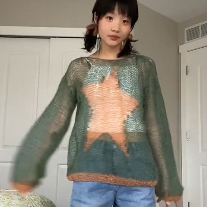 Xingqing Sweater Pentagram Pattern Long Sleeve Tops y2k Aesthetic Grunge Fairycore Hollow Out Crochet Clothes 2000s Knitwear alx