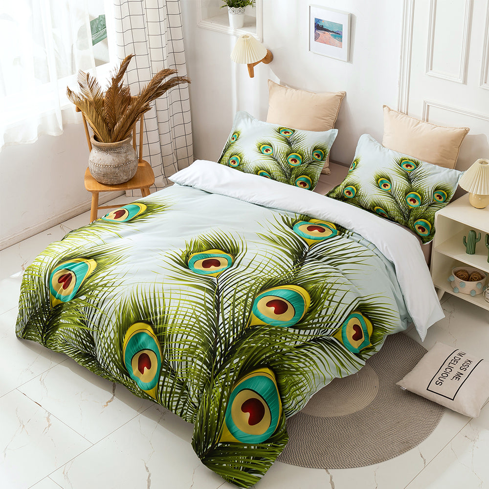 3D Hand Drawn Green Peacock Animal Feather Quilt Cover Set Bedding Set Duvet Cover Pillowcases Lxl