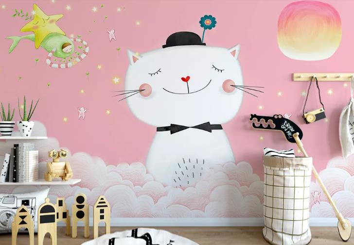 3D Hand Drawn Pink Animal Cat Wall Mural Wallpaper Lqh 172