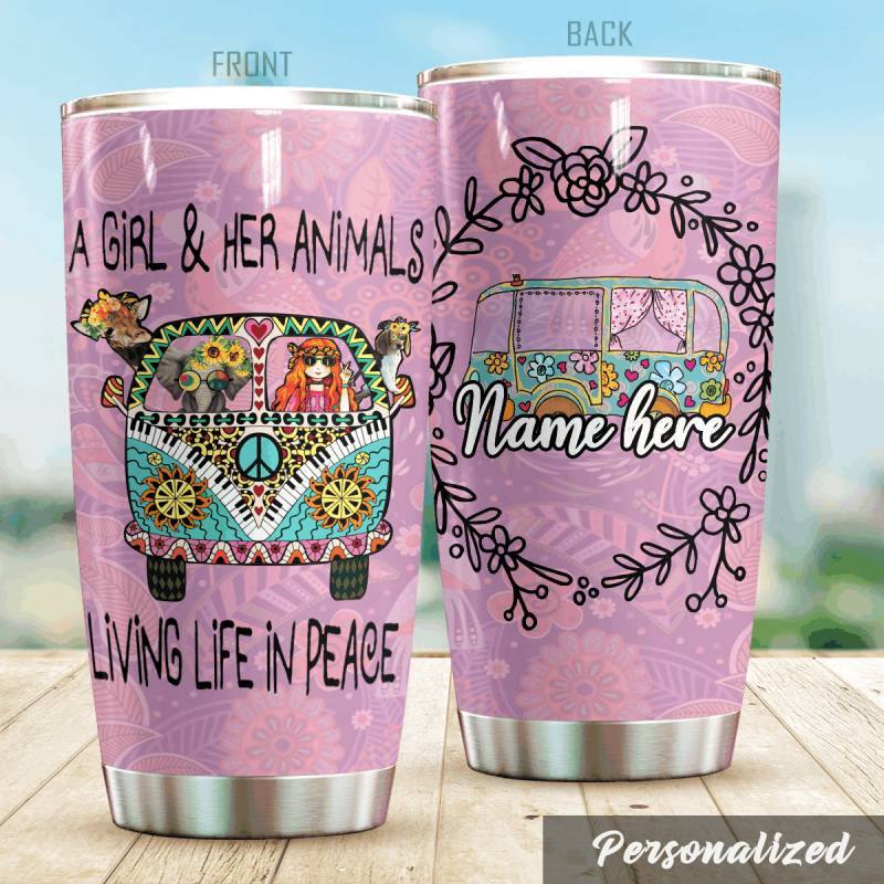 A Hippie Girl & Her Animals Personalized Tumbler HG23