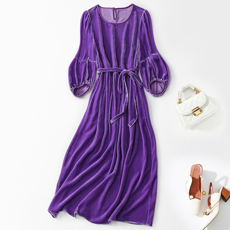 Vintage Dresses For Women 2022 Autumn Winter Elegant Three Quarter Sleeve Women’s A-line Dress Real Silk Velvet Long Dress Solid alx