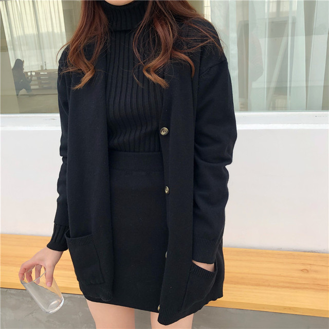 Casual Turtleneck Pullovers Sweater Loose Long Sleeve V Neck Cardigan Jacket High Waist Wrap Hip Knit Skirt Retro 3 Piece Set alx