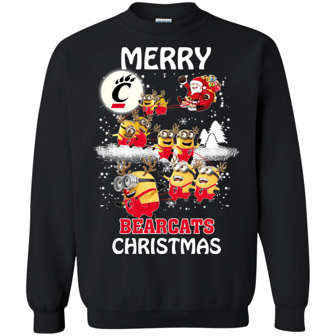 Stupendous Cincinnati Bearcats Minion Ugly Christmas Sweaters Santa Claus With Sleigh Hoodies Sweatshirts