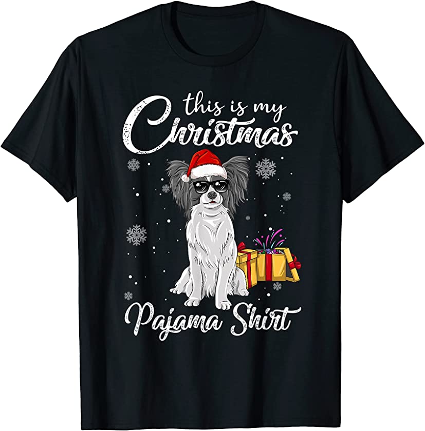 Cute Papillon Puppy Wearing Christmas Hat Holiday T-Shirt