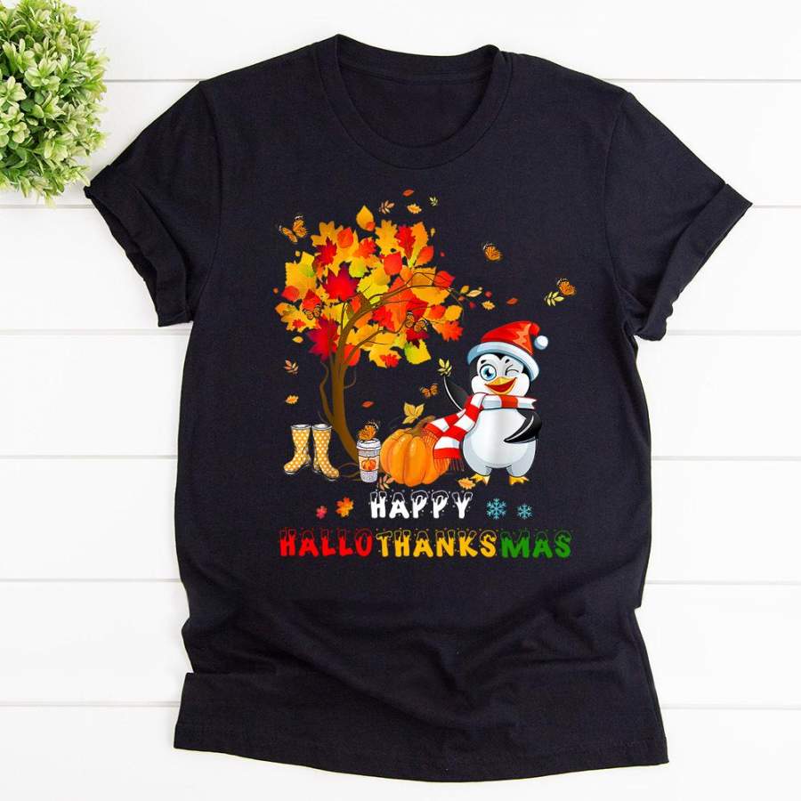 Penguin halloween happy hallothanksmas autumn tree butterfly snow black cotton t shirt for men and women S-6XL