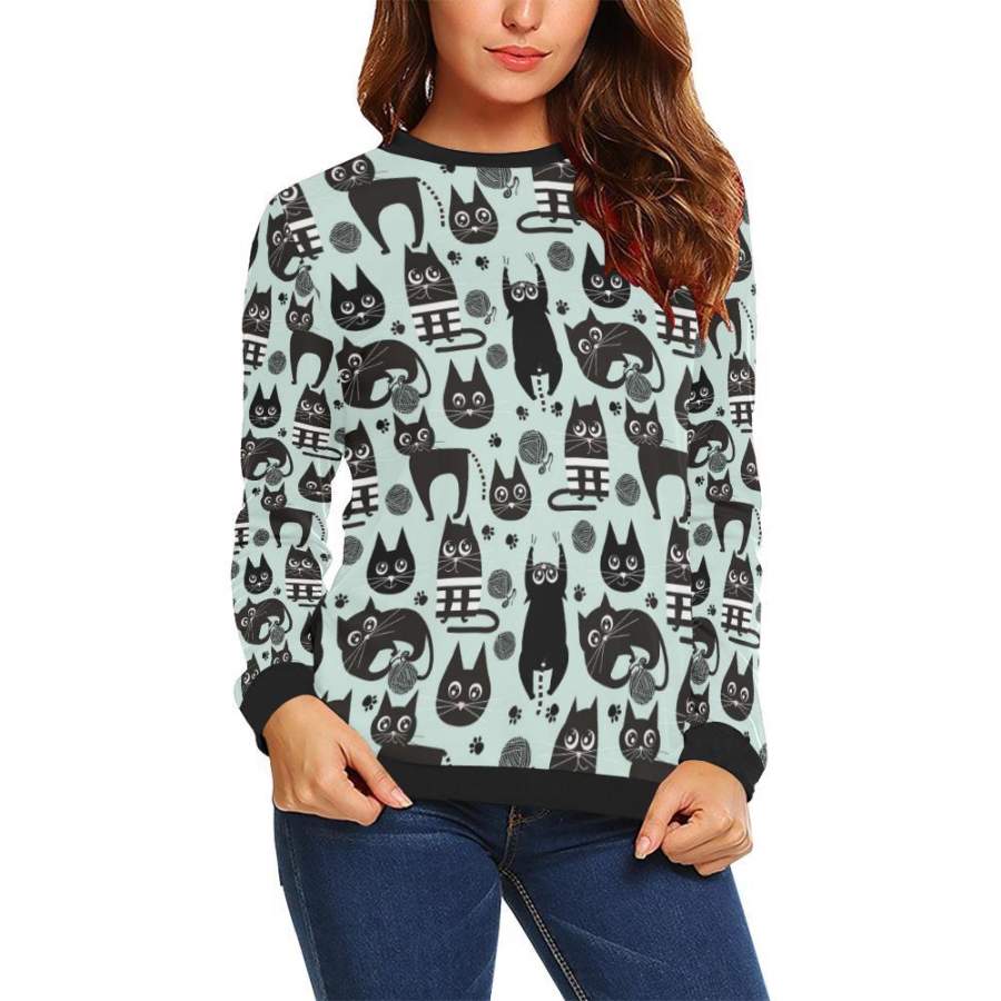 Black Kitten Cat Pattern Print Women Crewneck Sweatshirt