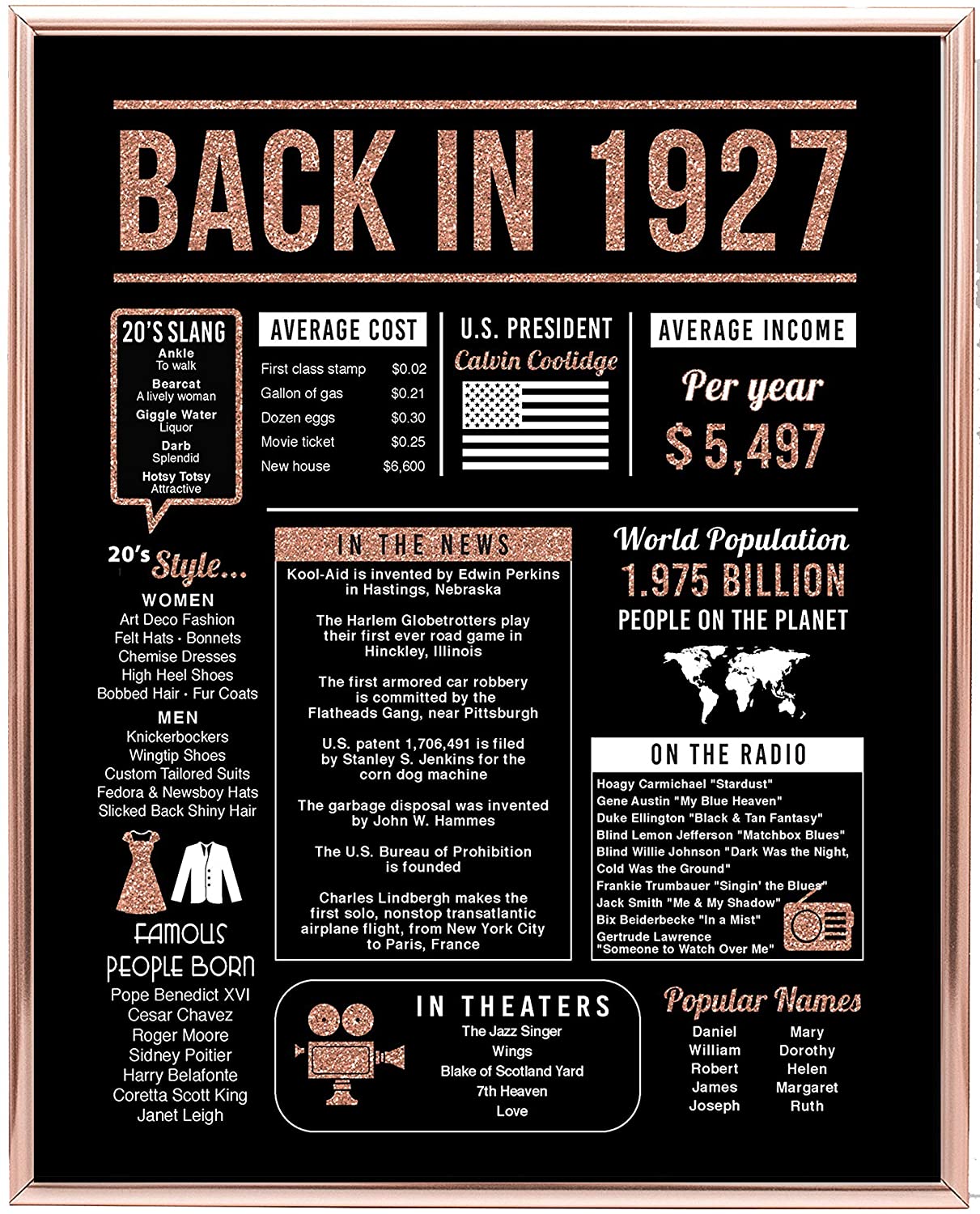 Back In 1927 Hot Events Slangs Poster Rose Gold Art Birthday Gifts 93 Year Olds 93Th Anniversary Home Decor Rose Gold Gift For Man Woman Poster