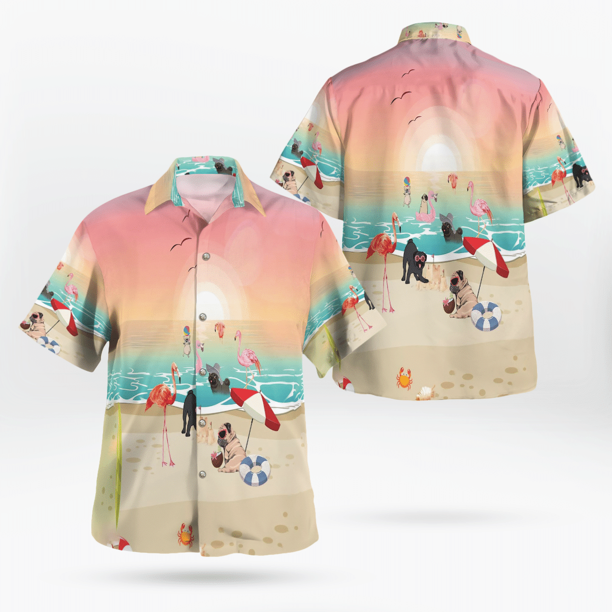 Pug With Flamingo At The Beach For Man And Woman Print Short Sleeve Hawaii Shirt Ha26745