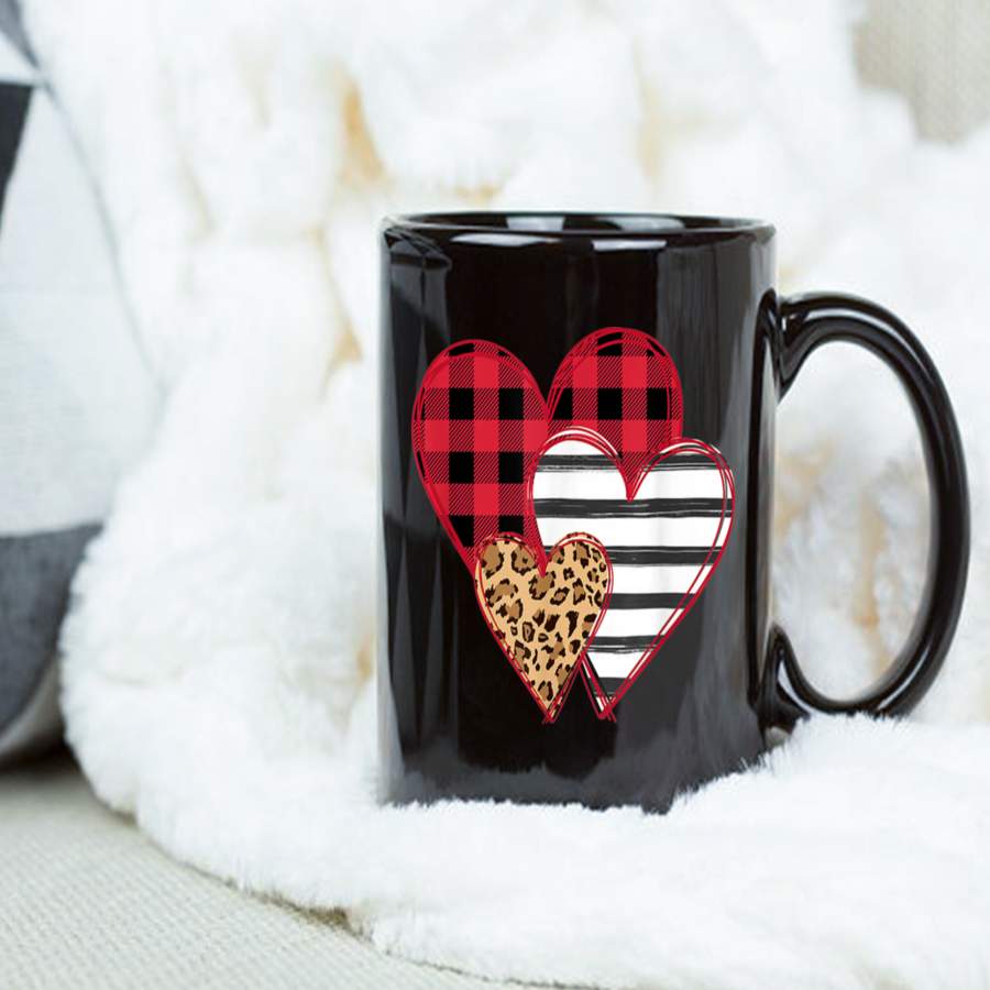 Coffee Mug Striped Plaid Leopard Printed Splicing Heart Valentine’s Day Mug – Black Mug