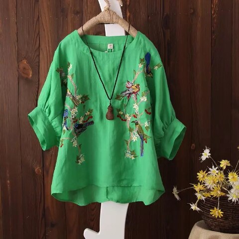 2021 New Women Cotton Floral Embroider Blouses Female Fashion Lantern Sleeve Shirts Summer Vintage Casual Loose Tops Blusa Q504 alx