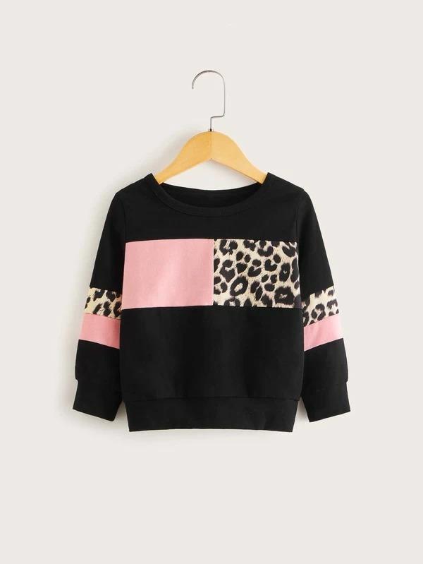 Toddler Girls Contrast Panel Leopard Pattern Sweatshirt