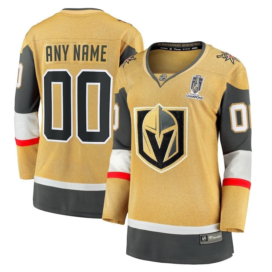 Vegas Golden Knights 2023 Stanley Cup Champions Patch Home Breakaway Custom 00 Women Jersey – Gold