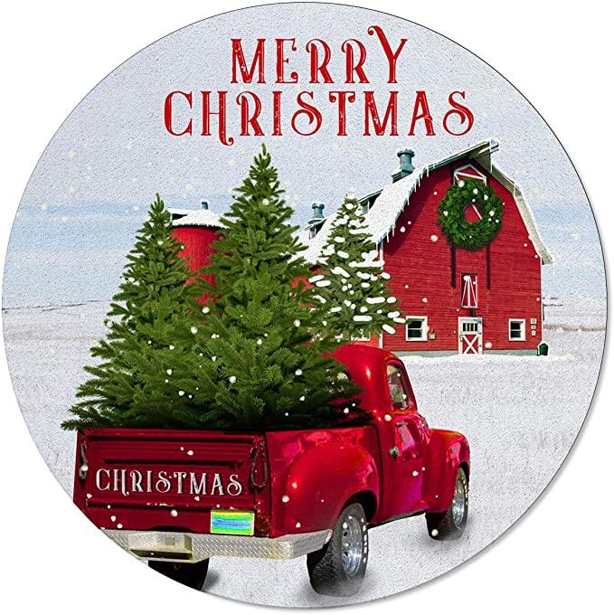 Round Area Rugs Red Retro Truck And Christmas Tree Indoor Throw Runner Circle Rug Entryway Doormat Floor Carpet Pad Yoga Mat For Bedroom Living Room Farm Wood Barn