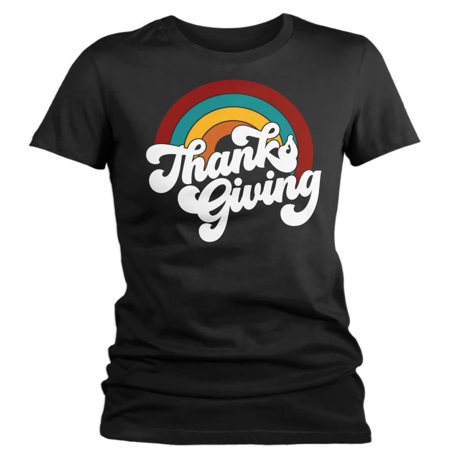 Women’s Retro Thanksgiving T Shirt Rainbow Shirt Vintage Turkey Day Tee Retro Tshirt Vintage Thanksgiving T-Shirt Thanks Giving