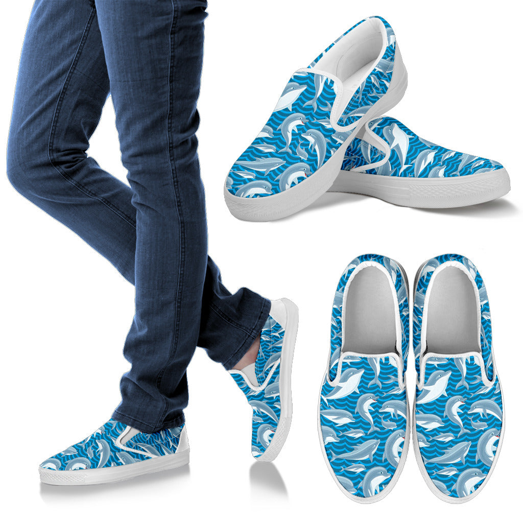 Dolphin Cute Print Pattern Men Slip Ons Shoes