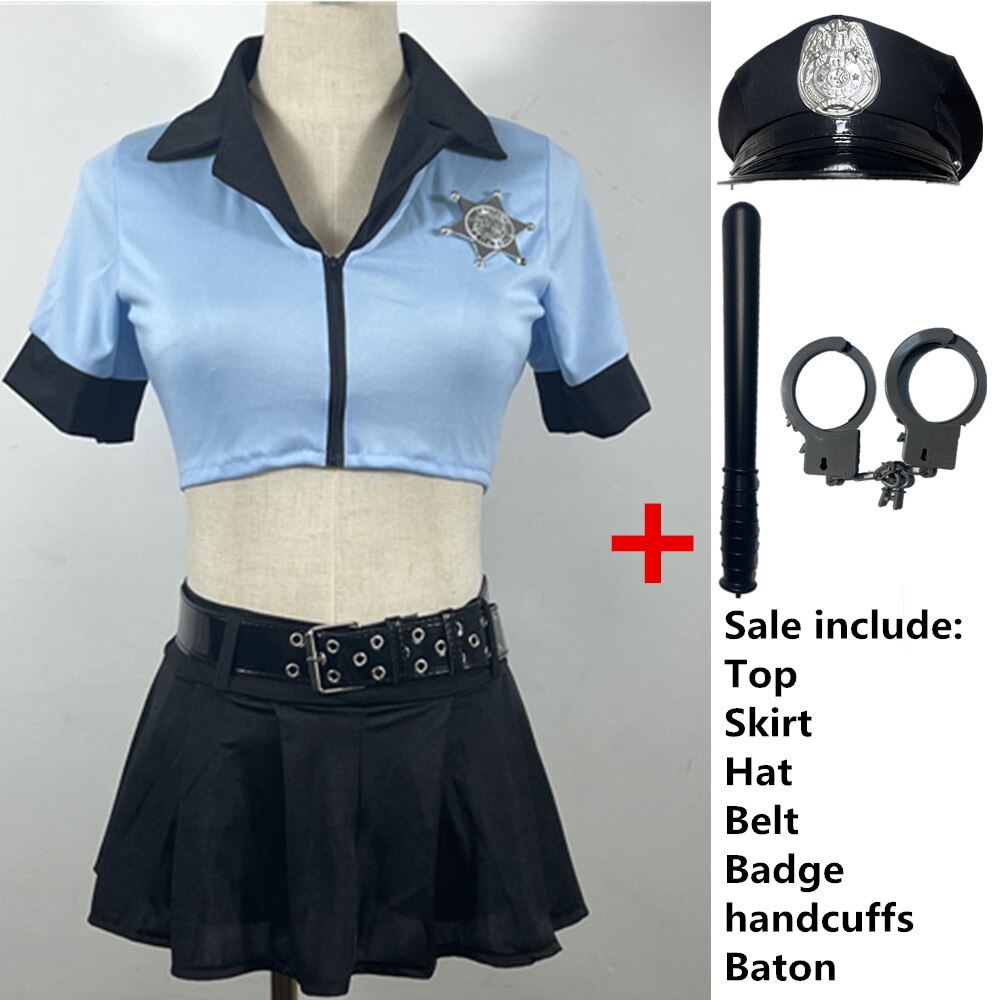 6Pcs Blue Sexy Police Uniform Adult Womens Halloween Party Cosplay Cop Outfit Police Costume Top+Skirt+Hat+Handcuffs+Baton+Belt alx