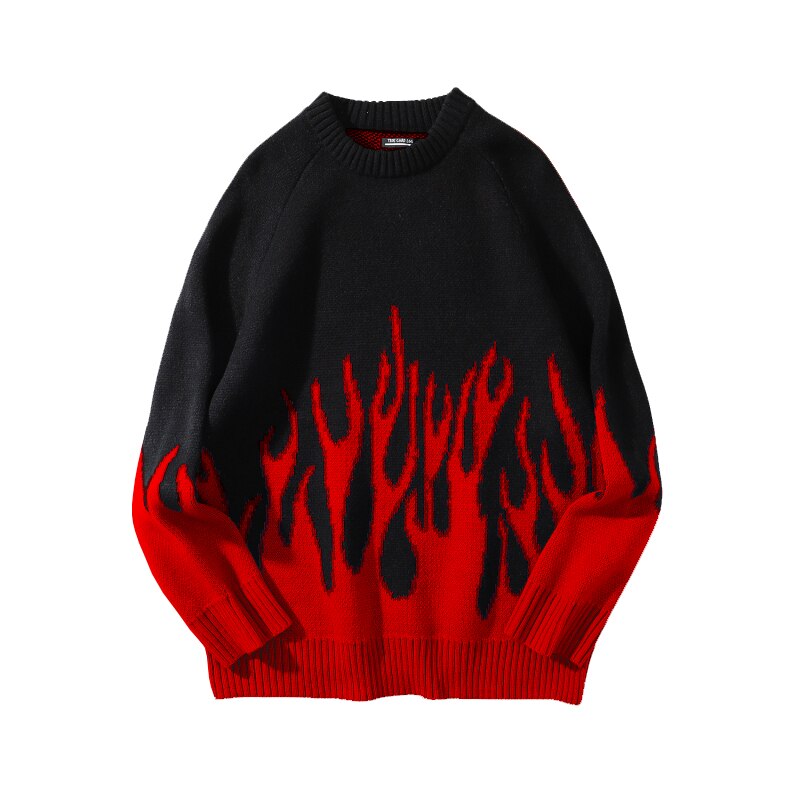 Sweater Woman Streetwear Retro Flame Pattern Hip Hop Autumn New Pull Over Spandex O-neck Oversize Couple Casual Woman’s Sweaters alx