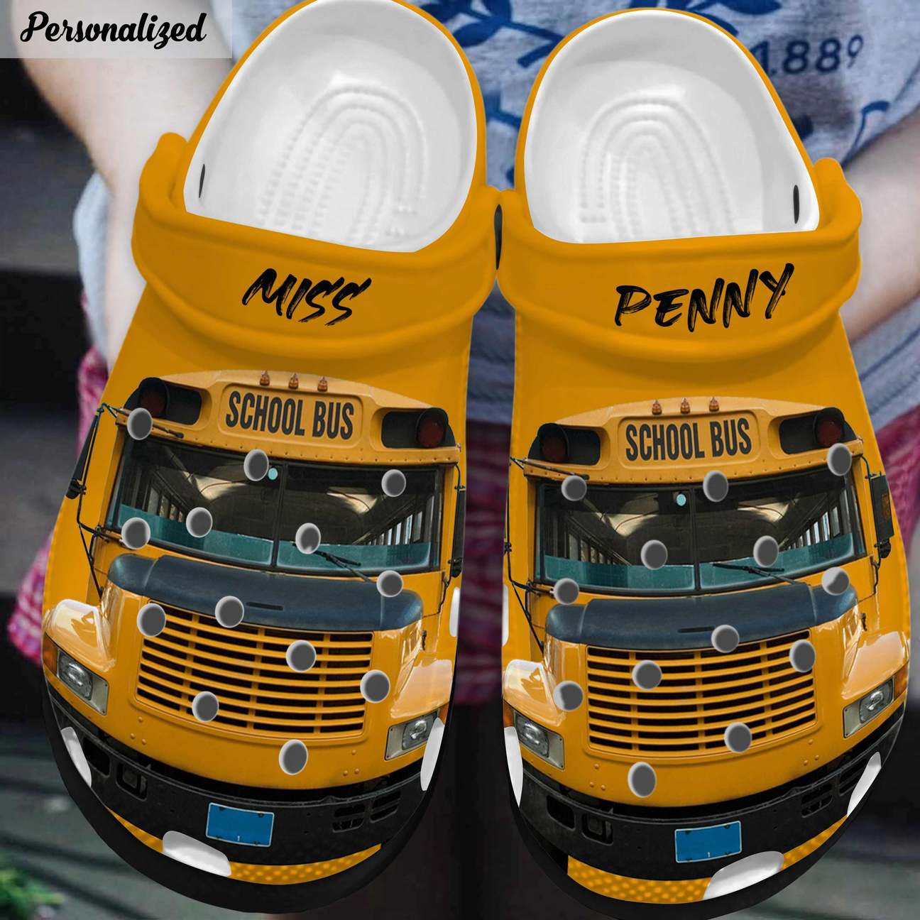 School Bus Driver Personalized Clog, Custom Name, Text, Color, Number Fashion Style For Women, Men, Kid, Print 3D School Bus Front View